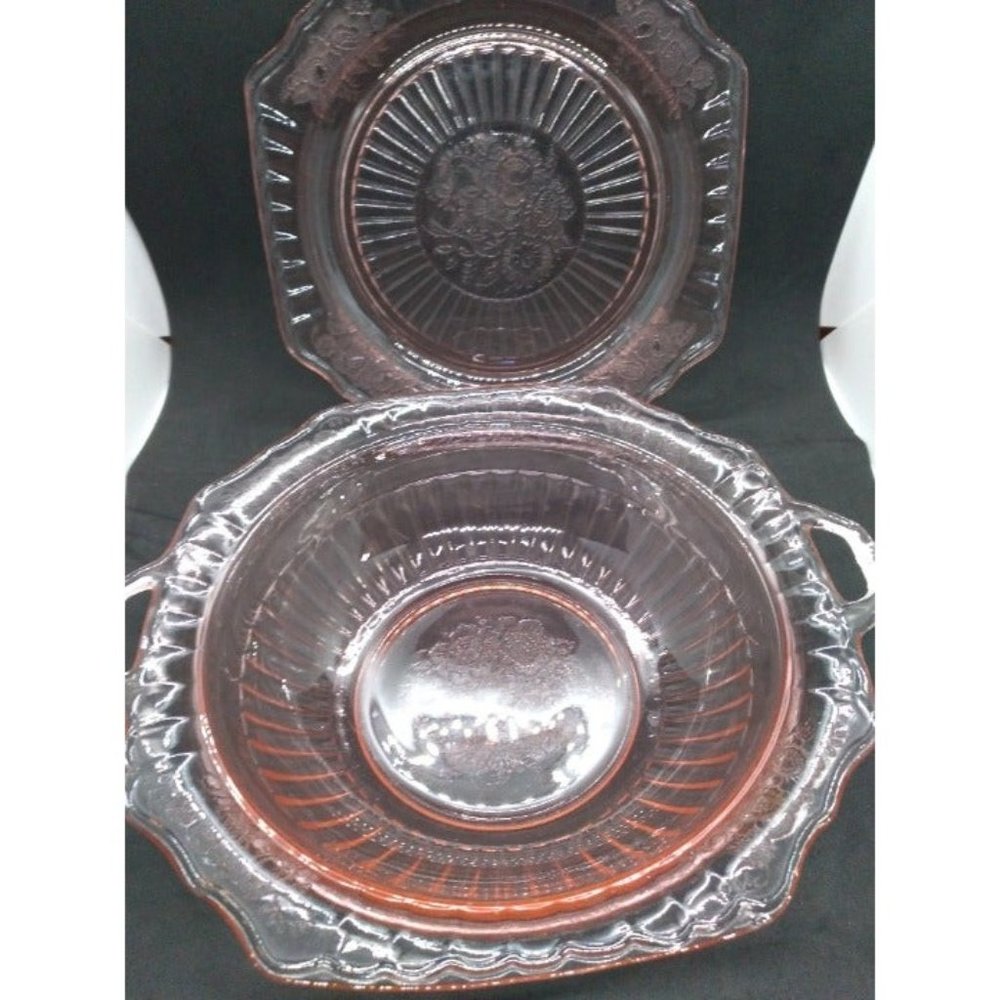 Jeanette Depression Pink Large serving bowl and plate chrerry blossom pattern